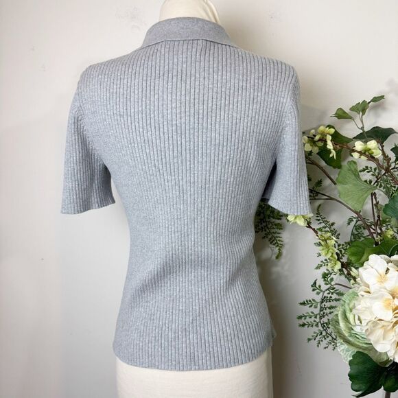 Treasure & Bond Short Sleeve Ribbed Polo Sweater Top Gray | Medium - Picture 7 of 11